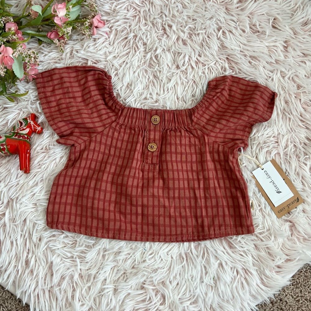 Easy-peasy NWT Rust Red Plaid Short Sleeve Ruffle Blouse Baby Girl Sz 18 Mo